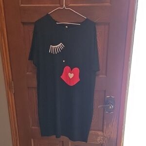 3 For $40 Black Graphic Lips T-Shirt Dress with Heart Detail